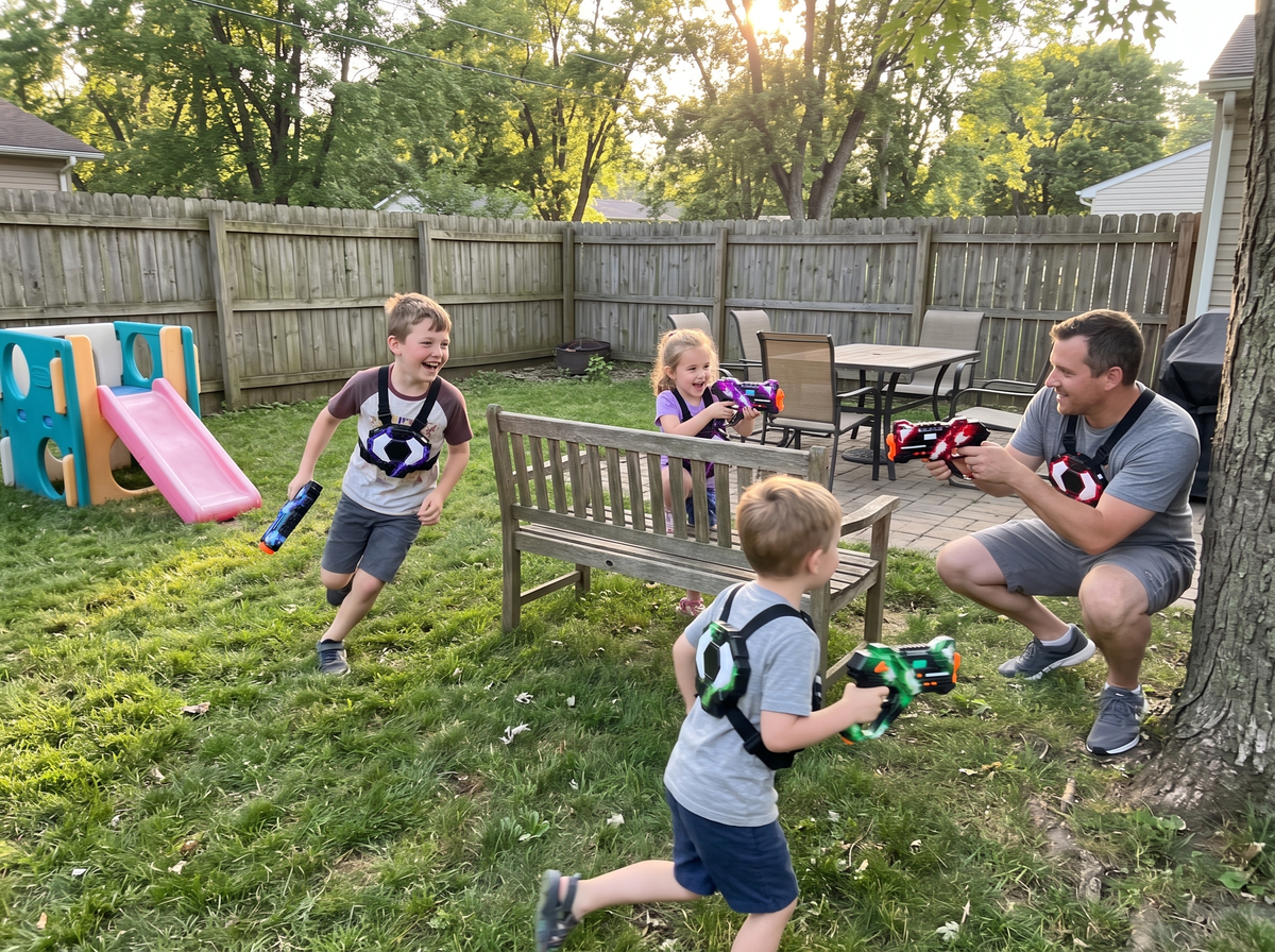 Family playing BEAMBLITZ laser tag in the backyard
