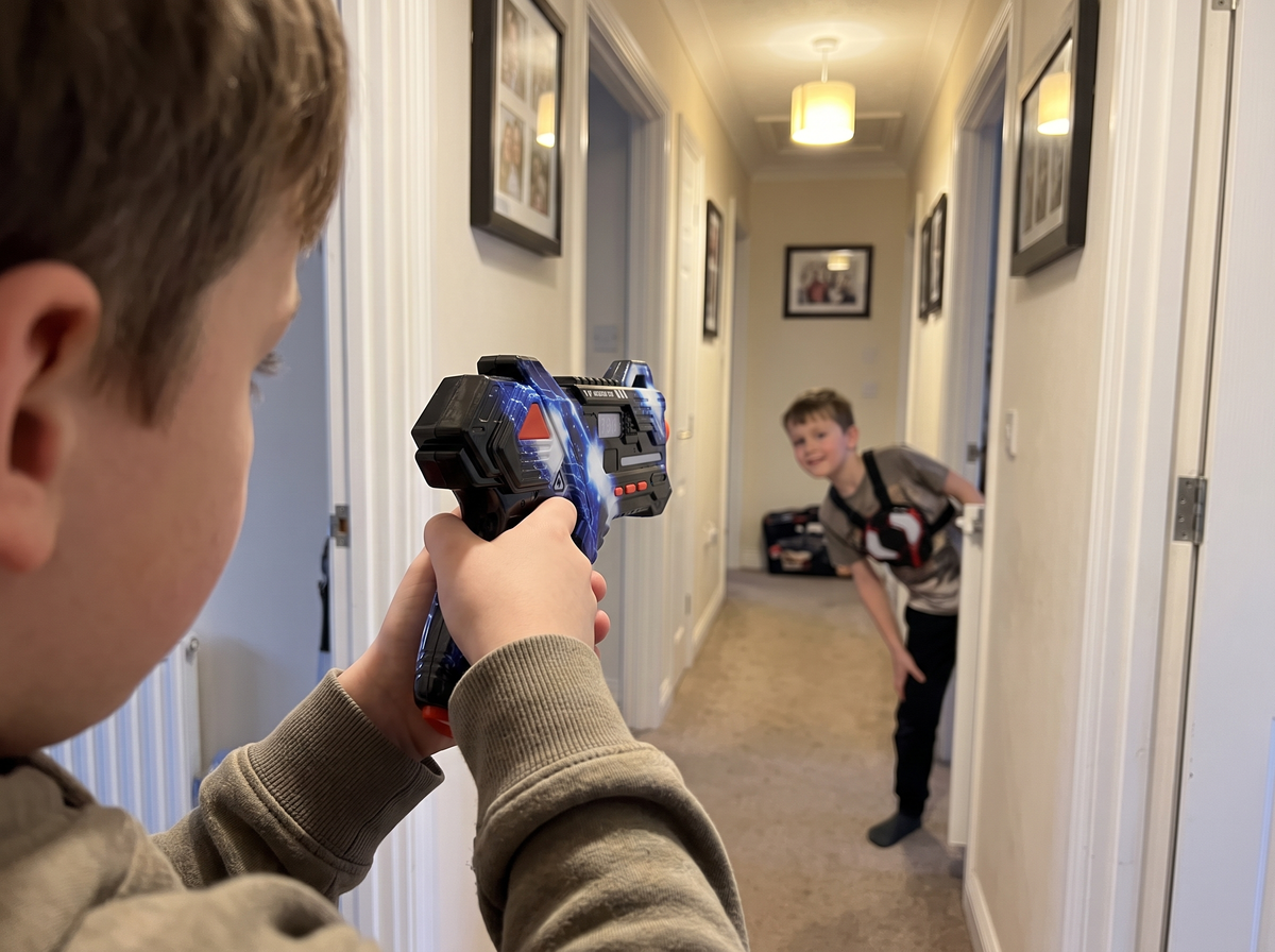 A child aiming a blue BEAMBLITZ blaster down a hallway