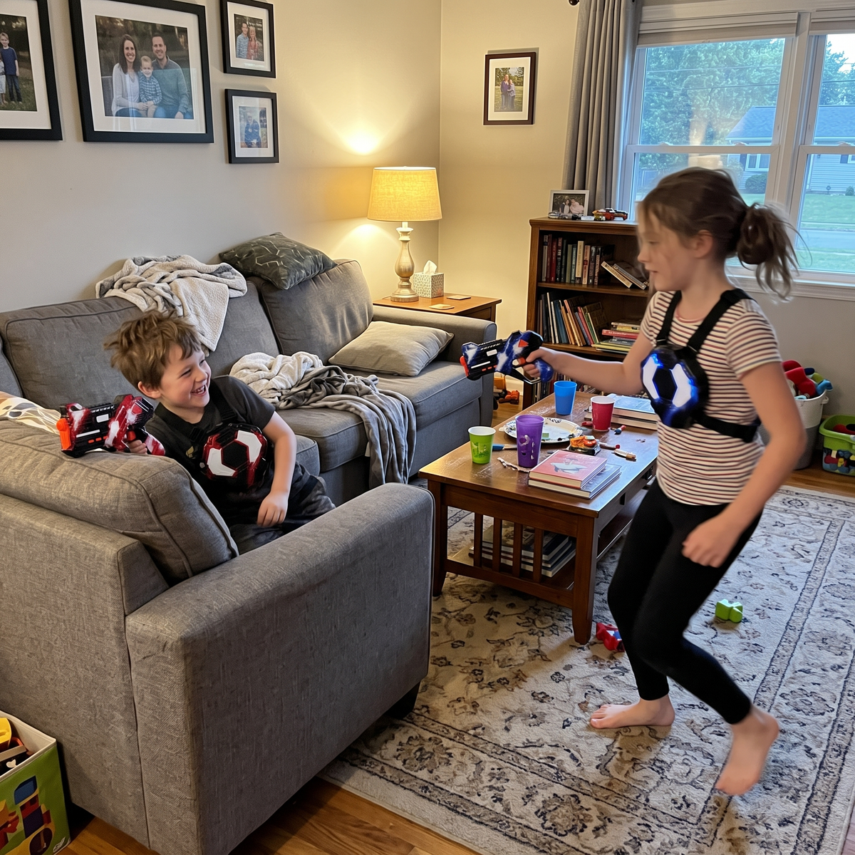 Kids playing BEAMBLITZ laser tag in the living room